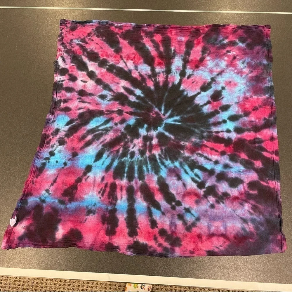 Hand tie dyed kitchen flour sack towel purple blue magenta black spiral